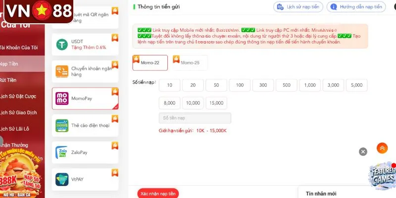 Quy trình nạp tiền VN88 chi tiết qua 3 cách