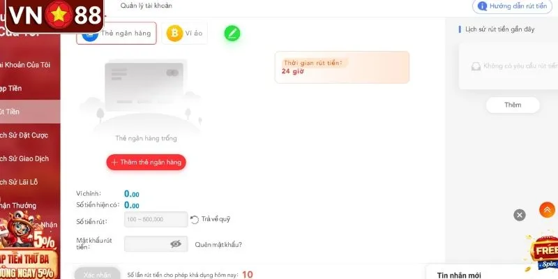 Thao tác rút tiền VN88 nhanh về tài khoản qua 2 cách